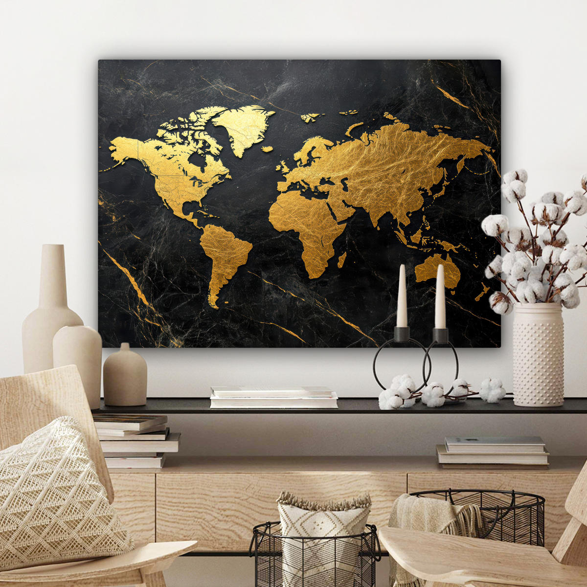 LEINWANDBILD Weltkarte - Gold - Marmor Wandbilder 80x60 cm - Goldfarben, Textil (80/60cm) - MuchoWow