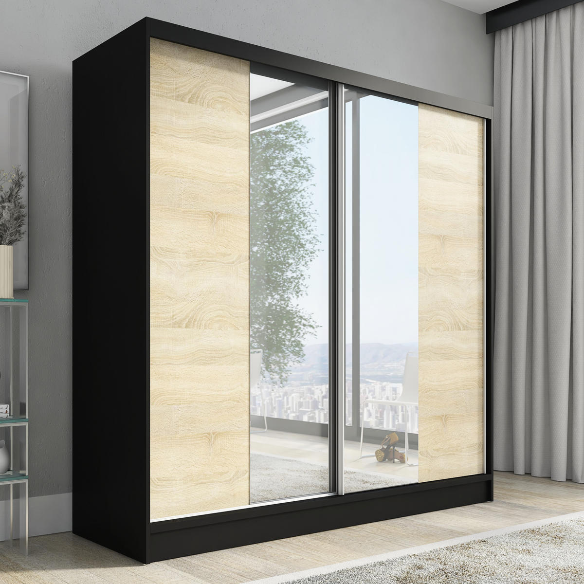 SCHWEBETÜRENSCHRANK 200 CM DUO Farbe: Schwarz | sonoma - Schwarz/Braun, Holzwerkstoff (200/215/60cm) - A&J MöbelLand