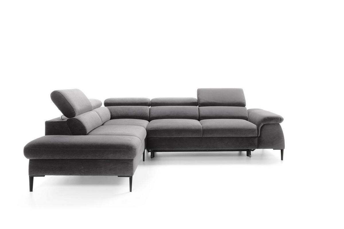 ECKSOFA MESTO Grau Velours-Stoff mit Schlaffunktion - Grau, Holz (280/214cm) - MASSENO