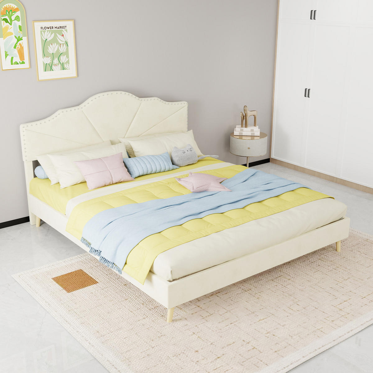 POLSTERBETT 160/200 cm in Beige Stoff mit Gepolstertem Kopfteil Metallbett im Geometrischen Design - Beige/Naturfarben, Holzwerkstoff/Textil (160/200cm) - STILVORA