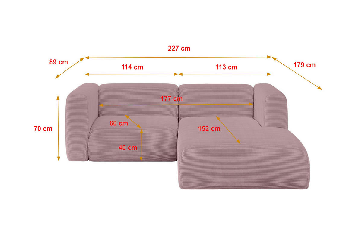 ECKSOFA Ottomane Rechts MIRA-L1 227x179x89 Rosa Cord - Schwarz/Rosa, Holzwerkstoff/Kunststoff (227/179cm) - ALTDECOR