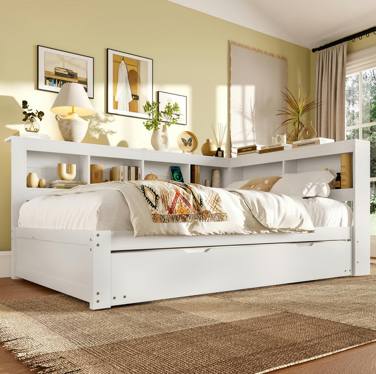 POLSTERBETT 140/200 cm mit Ausziehbett, USB-Anschlüssen, Steckdose und 2 Schubladen, MDF/Kiefernholz, Weiß - Weiß, Holzwerkstoff (140/200cm) - Redom