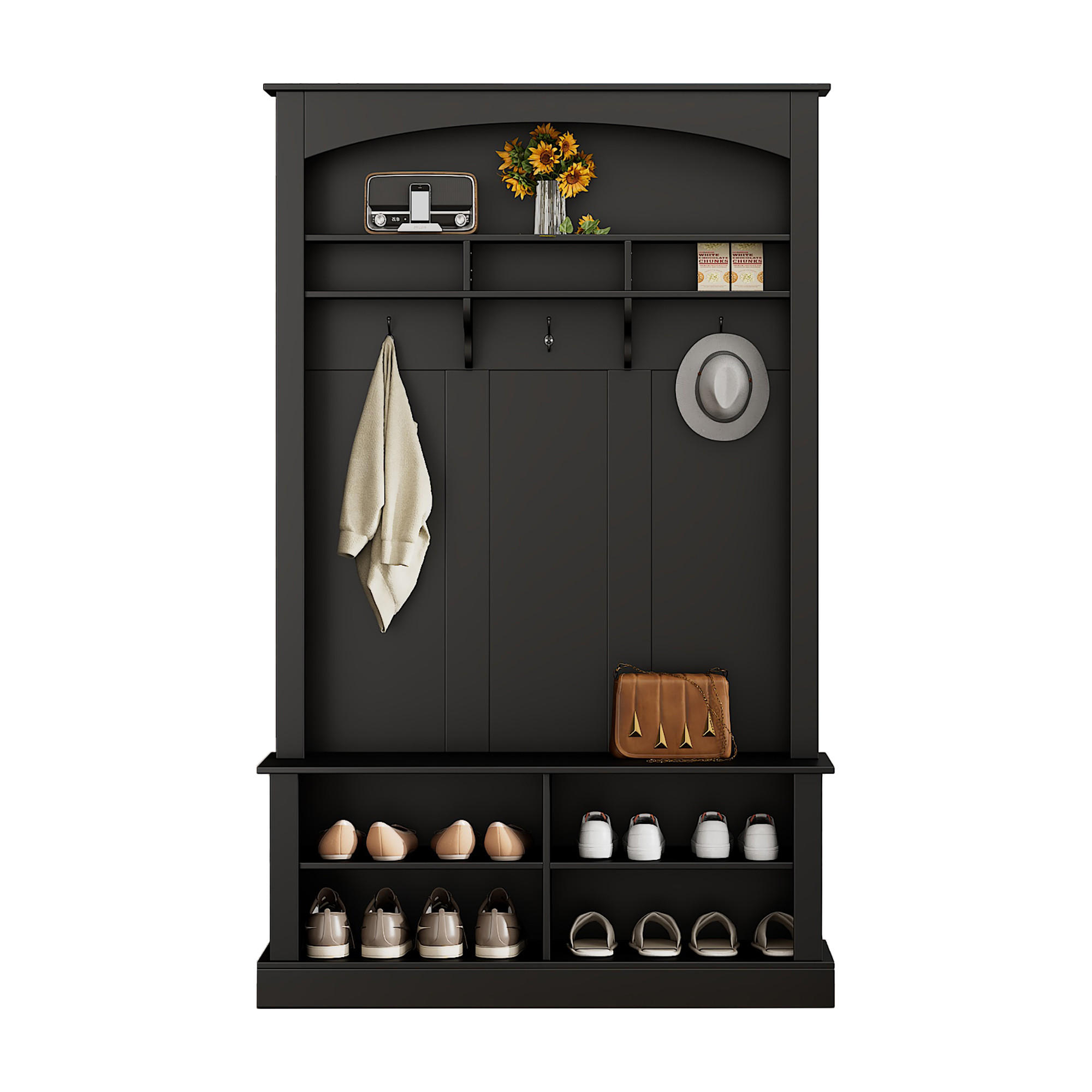 STANDGARDEROBE mit Sitzbank, 3 Haken und Schuhablage, Schwarz, 120/40/190 cm - Schwarz, Holzwerkstoff (120/190/40cm) - BEAOK