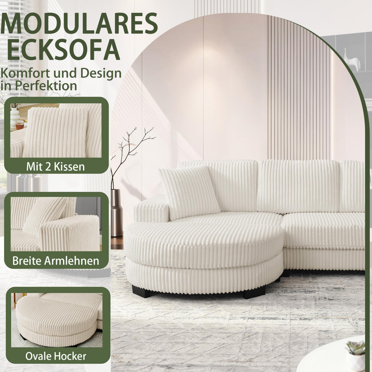 ECKSOFA 256,5/133,5/89 cm beige aus Schaumstoff mit Wechselhocker - Beige, Kunststoff (133.5/256.5cm) - OKWISH