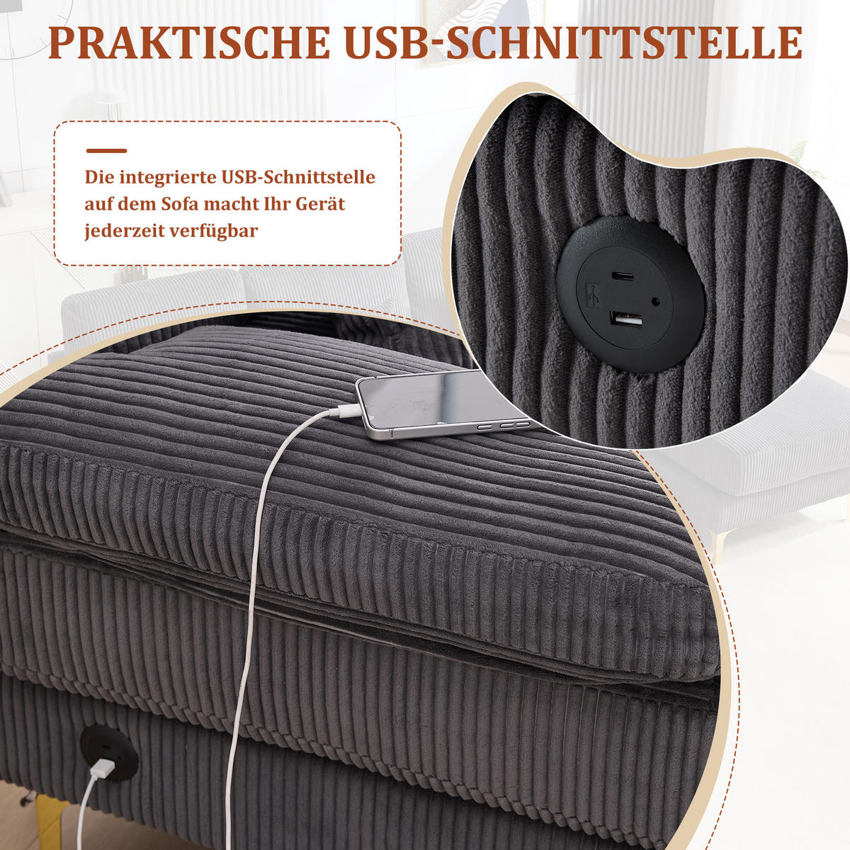 U-FORM Wohnlandschaft Samt mit LED und USB-Anschluss 265/135/88 cm Grau - Grau, Textil (135/88/265cm) - Redom