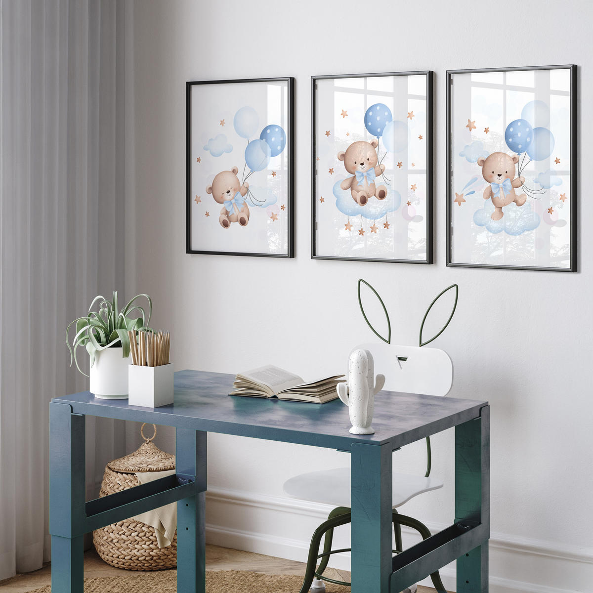 SADA PLAGÁTOV Do Detskej Izby Mackovia Modré Balóny Oblaky Hviezdy 3x Plagát A4 21 x 30 cm - hnedá/žltá, papier (21/30/1cm) - Muralo