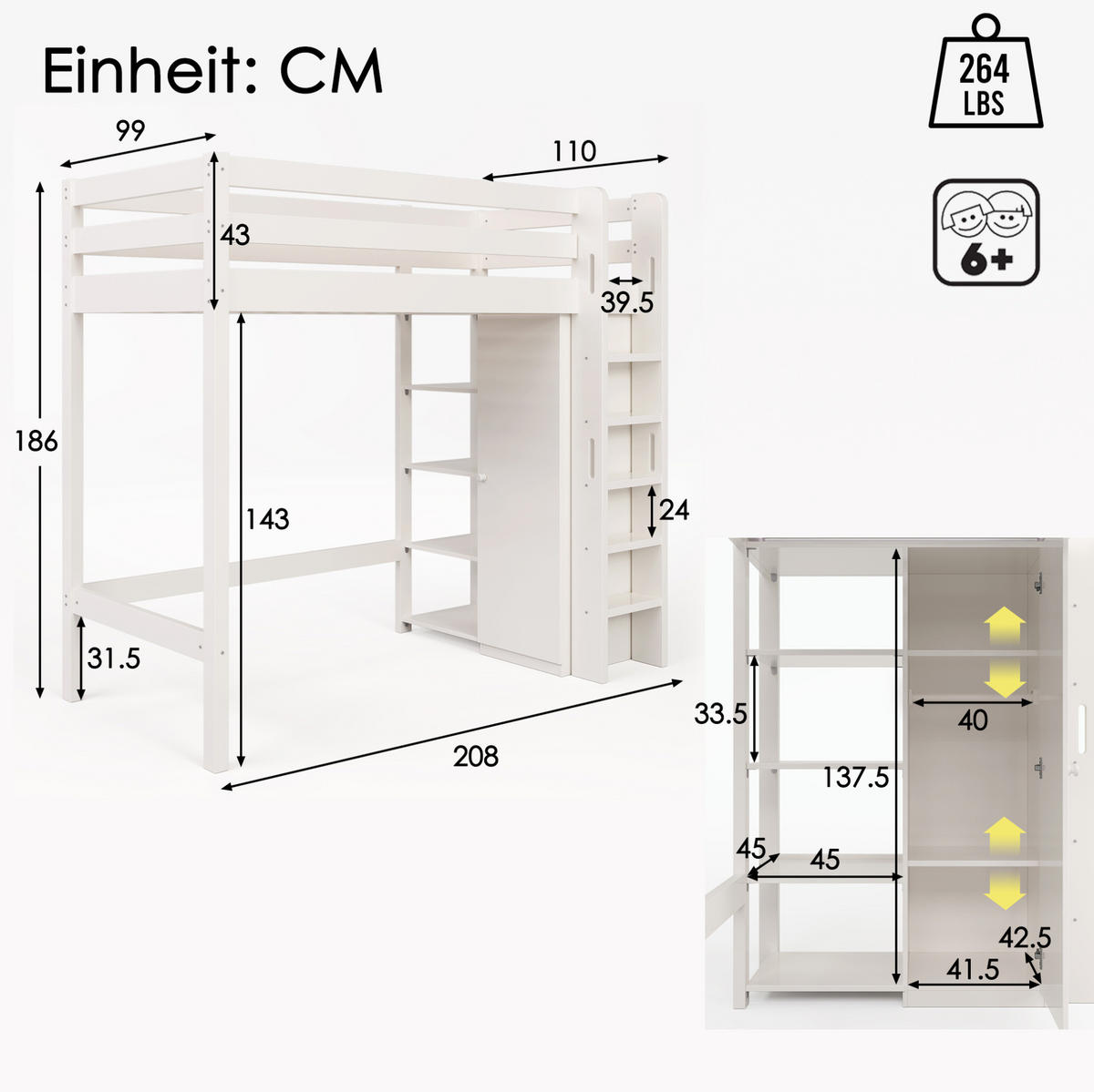 HOCHBETT 90/200 cm in Weiß mit Kleiderschrank und 6 Regalen - Weiß, Holzwerkstoff (90/200cm) - Flora Grace