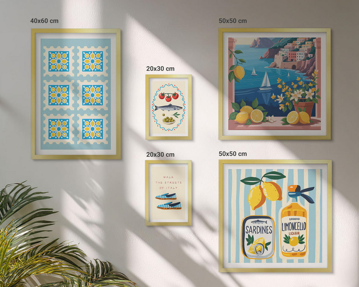 BILDER SET 5er Set - 50x50 cm & 20x30 cm & 40x60 cm Goldrahmen - Illustrationen der mediterranen Küche - Goldfarben, Kunststoff (40/60cm) - TULUP