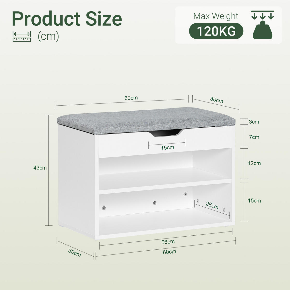 SITZBANK mit Stauraum, 60x30x44 cm, gepolstert, bis 120 kg, offene Fächer & Staufach oben, für Flur, Schlafzimmer & Wohnzimmer - Grau, Holzwerkstoff (60/44/30cm) - SoBuy