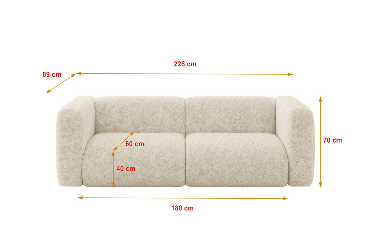 MODULARES Sofa 2-SITZER MIRA-S1 228x89x70 Creme cm Velours - Creme/Schwarz, Holzwerkstoff/Kunststoff (228/70/89cm) - ALTDECOR