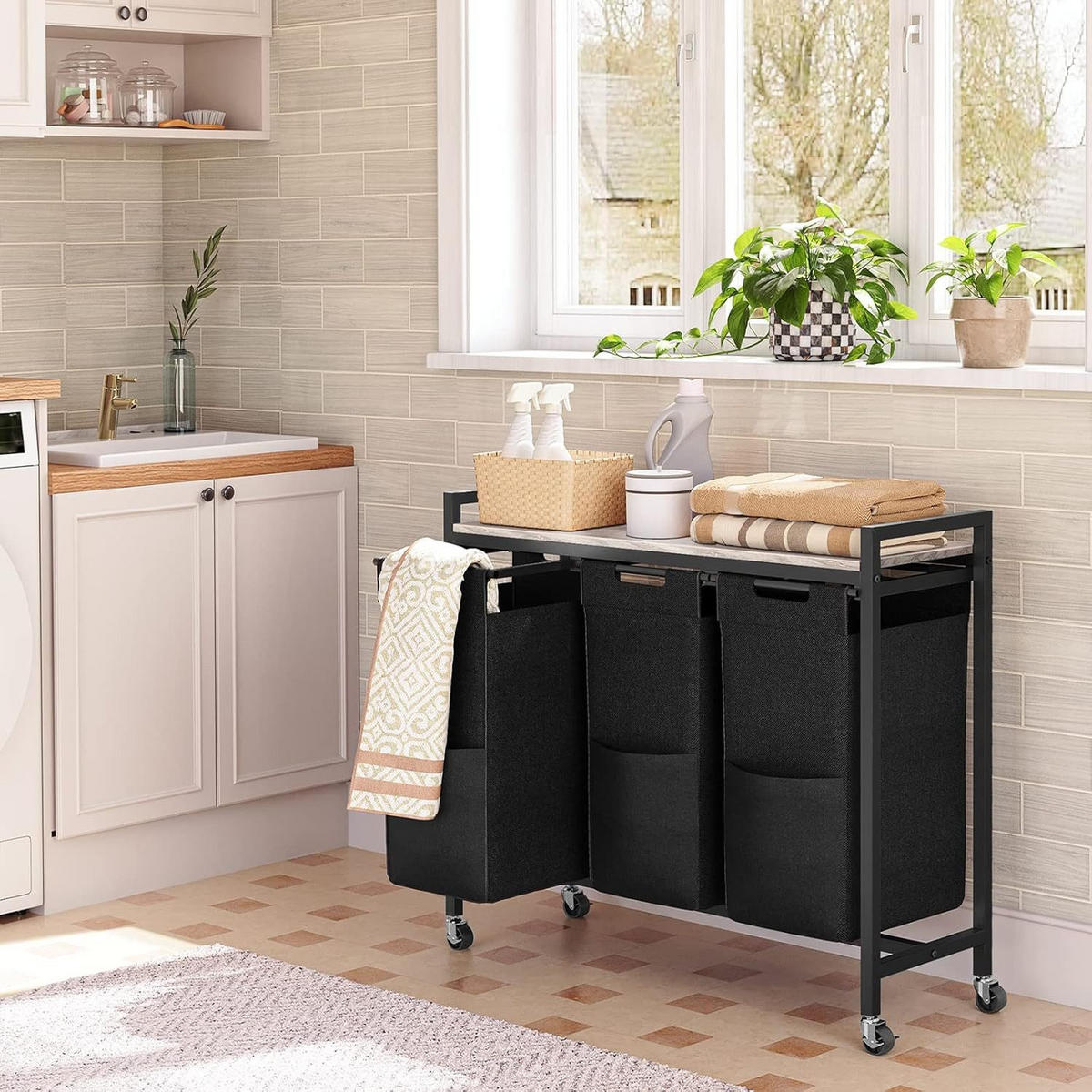 WÄSCHESAMMLER Braun 3 Fächer mit Ablage - Greige/Schwarz, Holzwerkstoff (33/75/84cm) - Hoobro