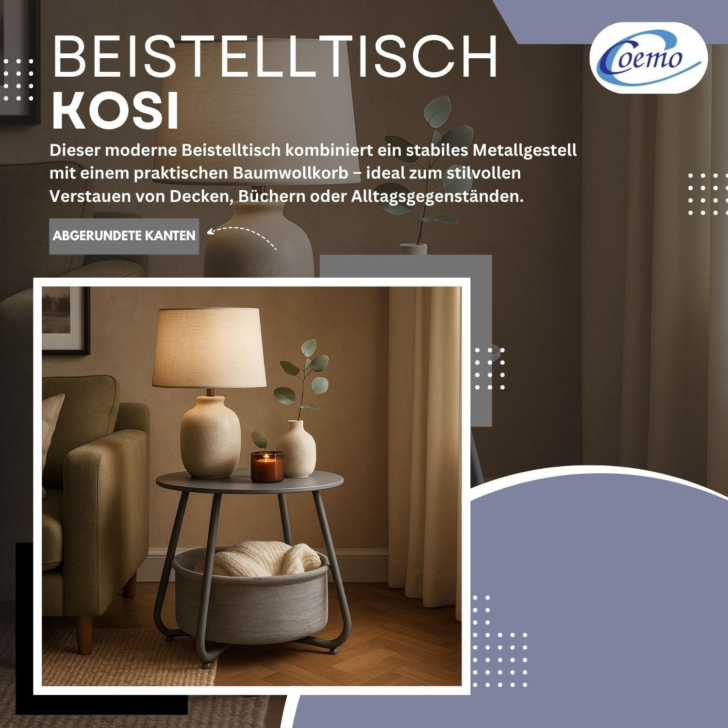 COUCHTISCH KOSI Metall mit Aufbewahrungskorb Canvas Grau - Grau, Metall (50/50/45cm) - Coemo
