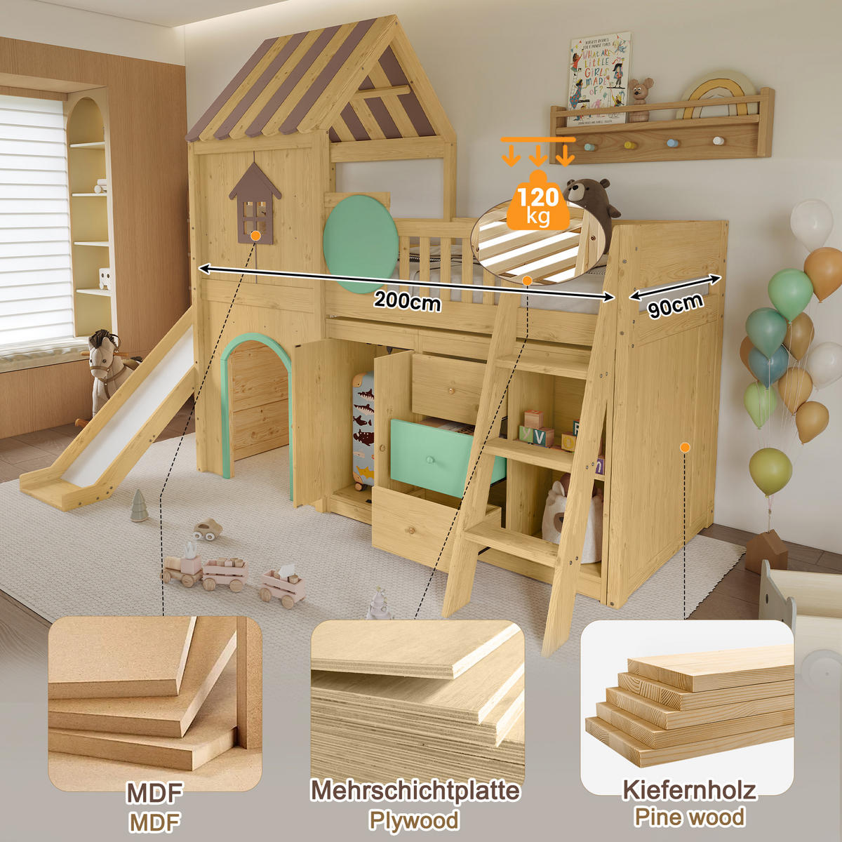 HOCHBETT 90/200 cm in Natur & Grün mit Rutsche, Treppe und Stauraum - Naturfarben, Holz/Holzwerkstoff (90/200cm) - WISHDOR