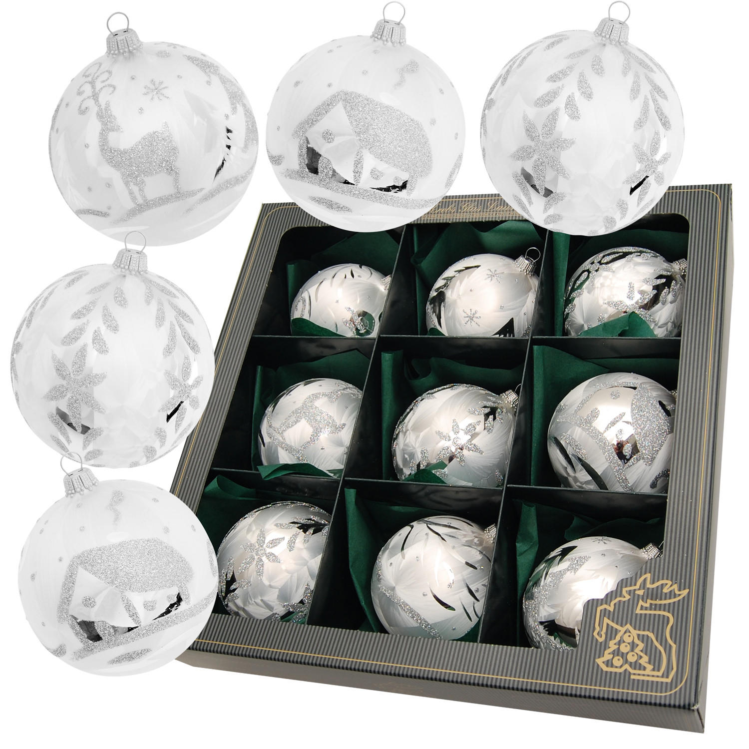 CHRISTBAUMKUGELN Set Eislack Winterdorf Silberfarbig 8cm (Glas / 9 Stk.) - Silberfarben, Glas (8/8/8cm) - Krebs Glas Lauscha