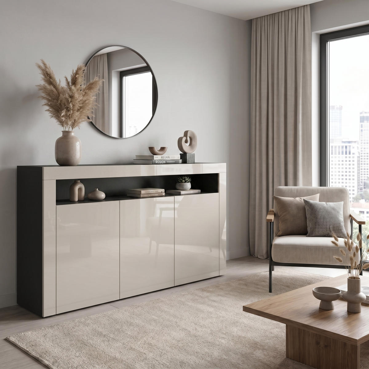 SIDEBOARD Valencia Sandgrau Hochglanz / Sandgrau Hochglanz - Sandfarben, Holzwerkstoff (155/92/40cm) - Vladon