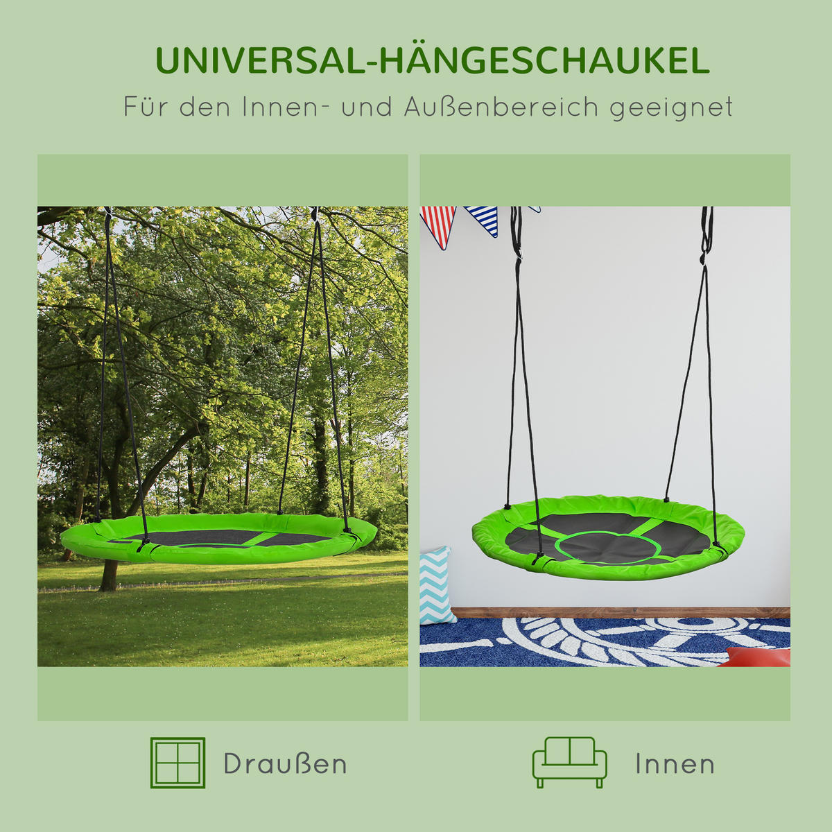 NESTSCHAUKEL Ø110 cm, Hängeschaukel bis 100 kg, verstellbar Kinderschaukel, Grün - Schwarz/Grün, Kunststoff/Metall (110/110cm) - Outsunny