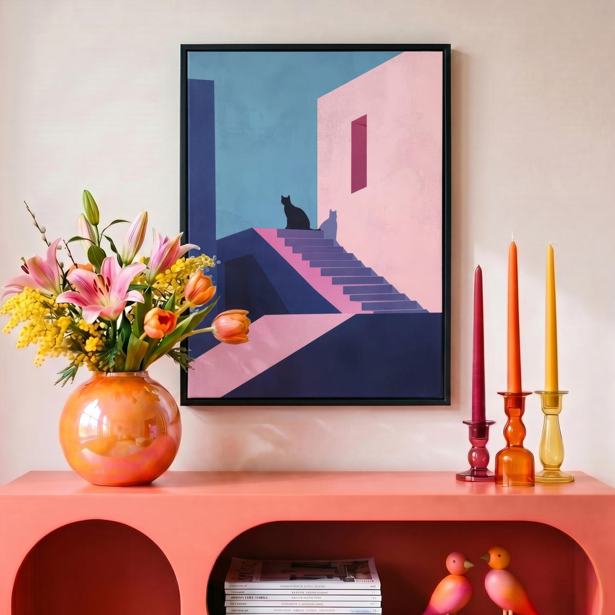LEINWAND Bilder mit Rahmen - Katze - Treppe - Gebäude - Schattenkontraste - 30x40 - Dunkelblau, Textil (30/40cm) - MuchoWow