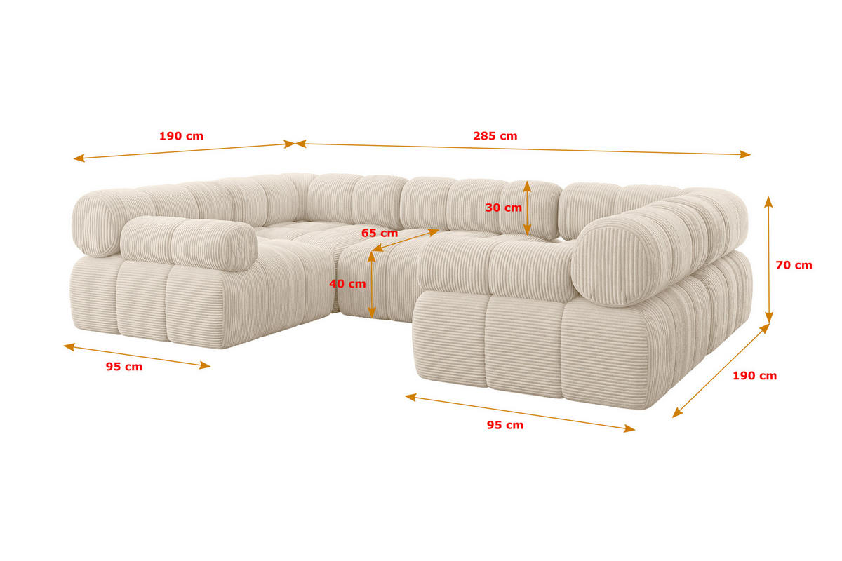 WOHNLANDSCHAFT modulares Sofa Birno-U1 - 285x190x70 cm Beige Cord - Beige, Holzwerkstoff/Textil (285/70/190cm) - ALTDECOR
