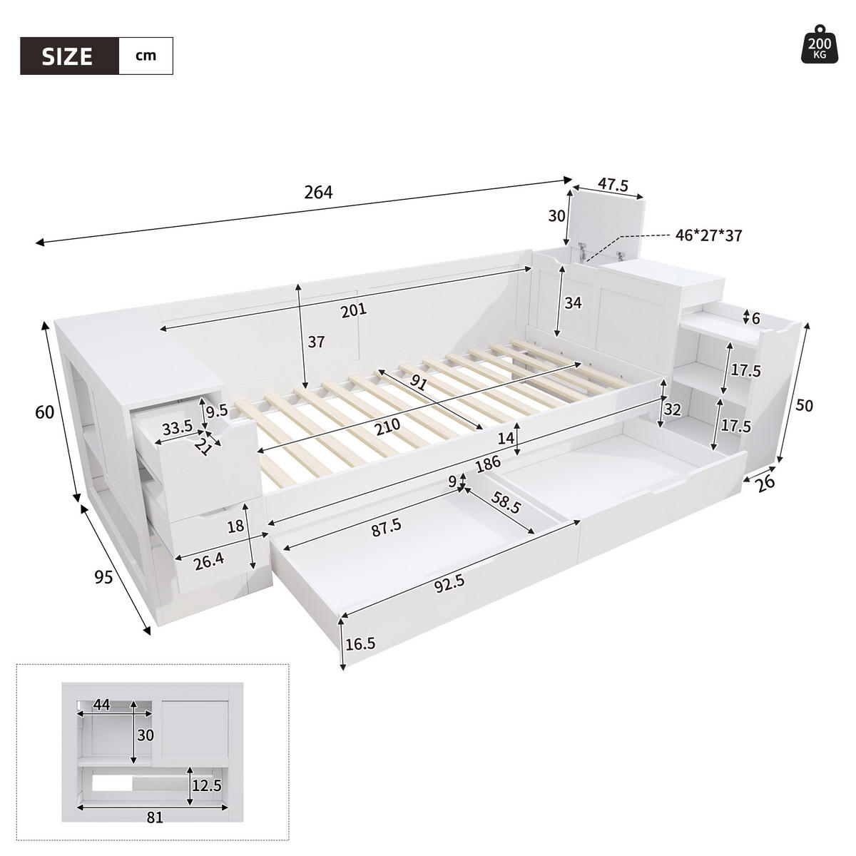 DETSKÁ posteľ 90/200 cm biela, MDF, s úložným priestorom a roštom - biela, kompozitné drevo (90/200cm) - BEAOK