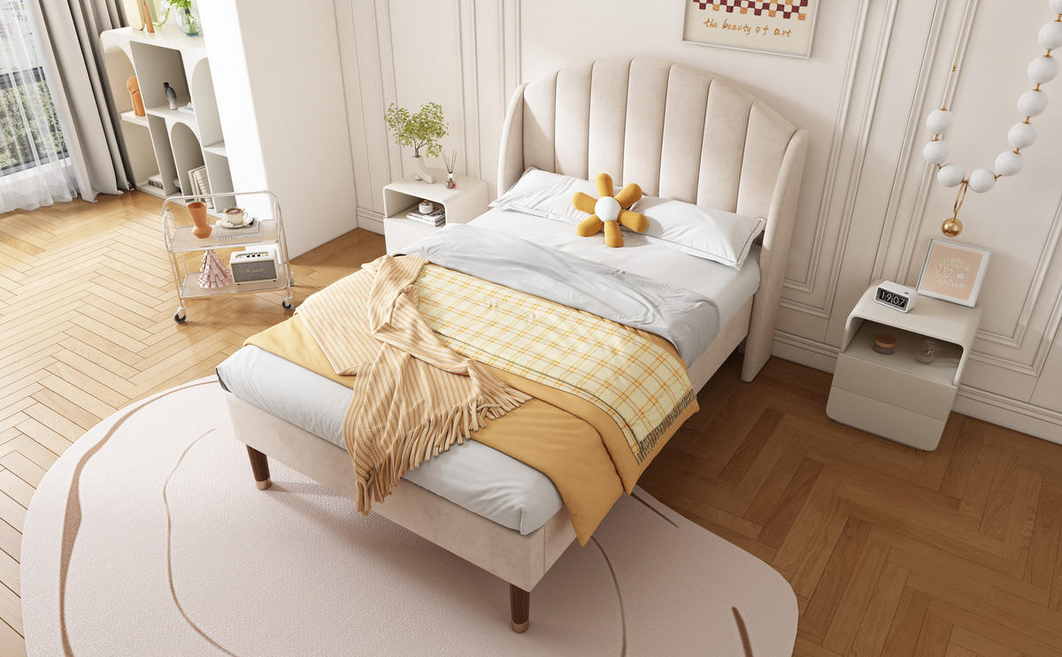 POLSTERBETT 90x200 Samt Lattenrost Kopfteil Beige - Beige, Holz - FLIEKS