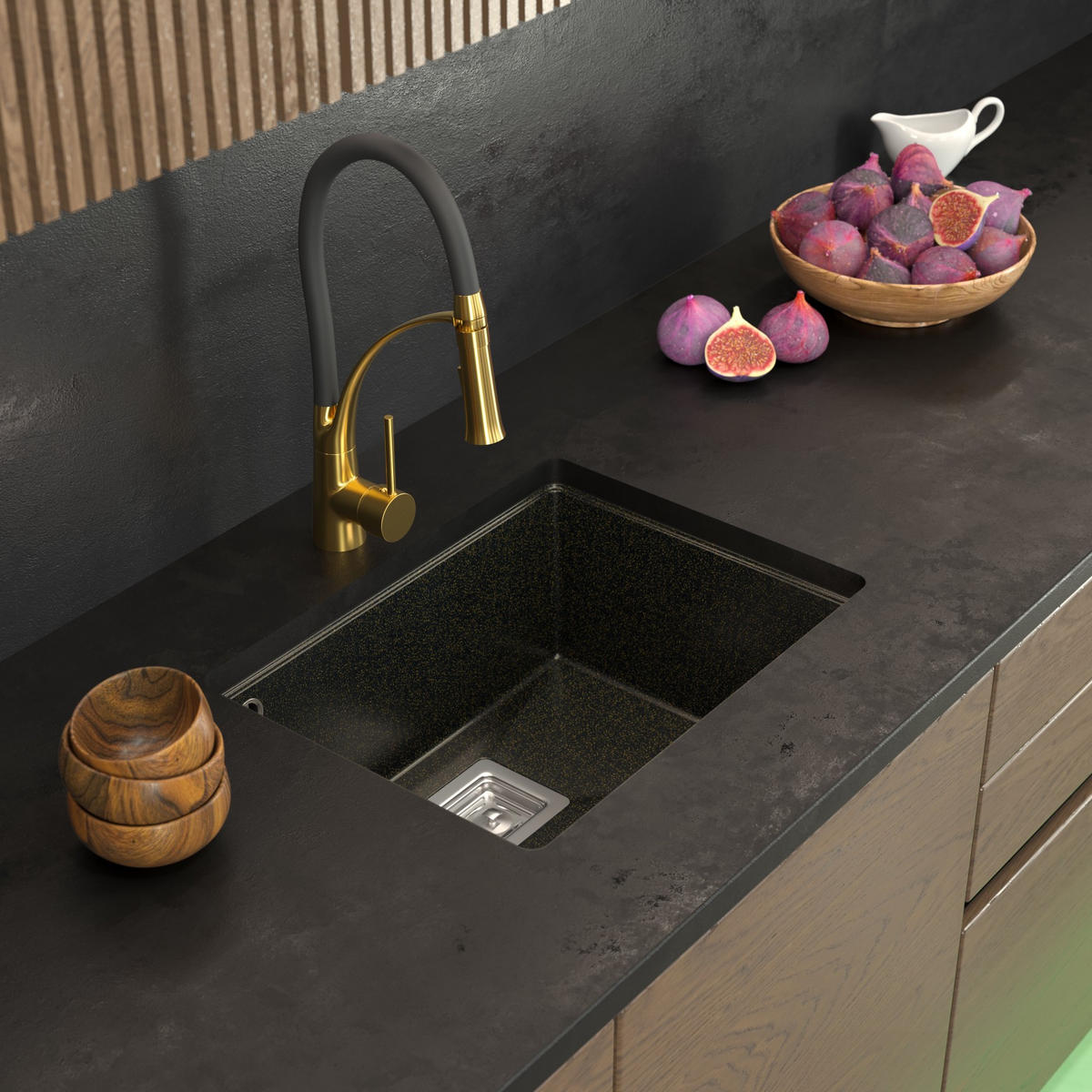 SPÜLBECKEN Napo Schwarz mit goldenen Sprenkeln 550/420 mm 1-tlg. Unterbaugranit inkl. Syphon Chrom - Schwarz, Stein (55/42/20cm) - Granitan