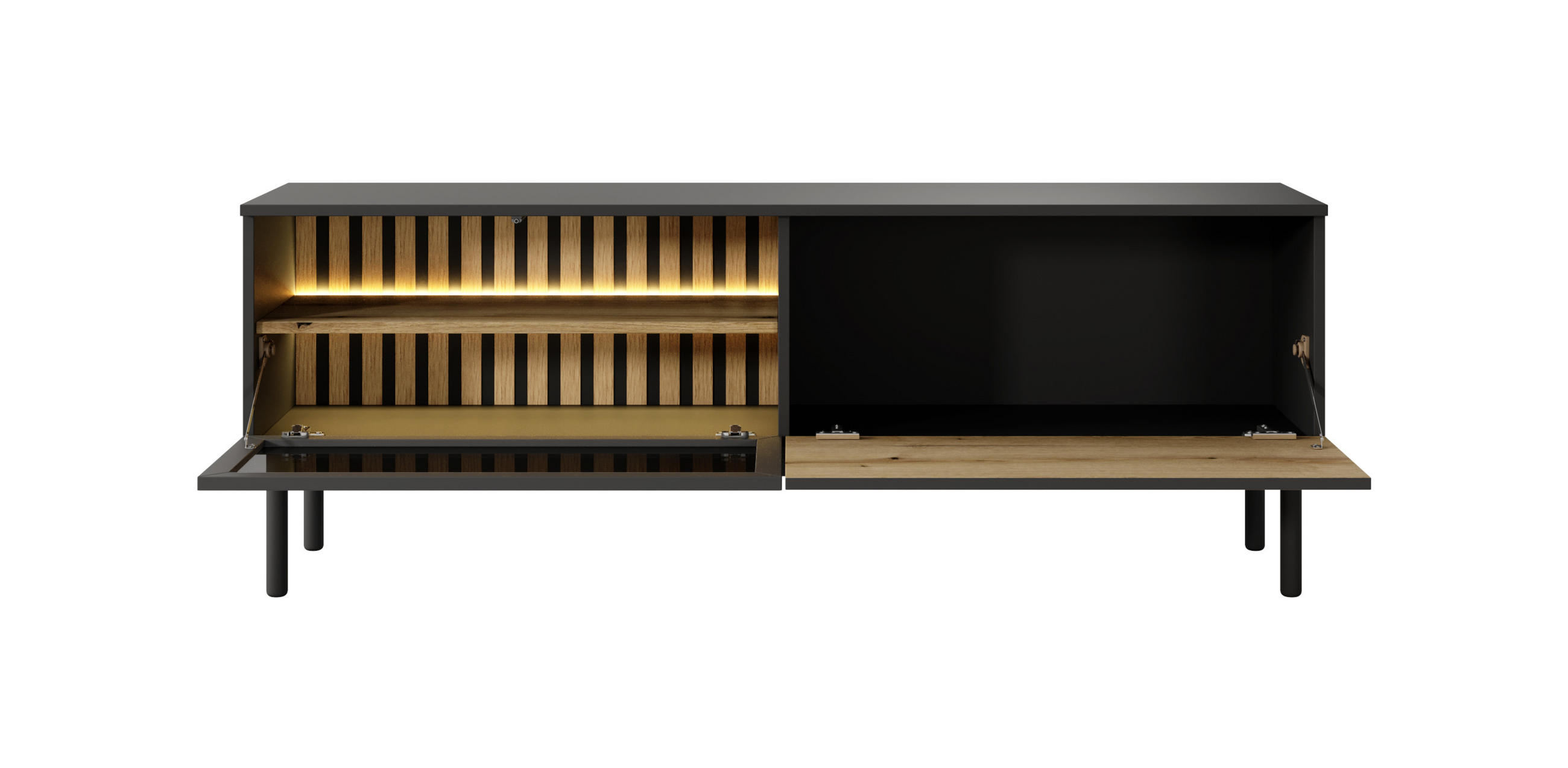 TV-SCHRANK Lango 150 Schwarz mit Eiche Evoke, Tv-Tisch mit Led-Beleuchtung - Hellbraun/Schwarz, Glas/Holzwerkstoff (150/55/39cm) - Bettso