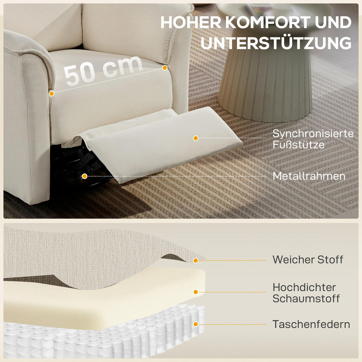 RELAXSESSEL Elektrisch mit Liegefunktion, Verstellbare Rückenlehne, Kopfstütze - Creme, Holzwerkstoff/Textil (78/105/91cm) - HOMCOM