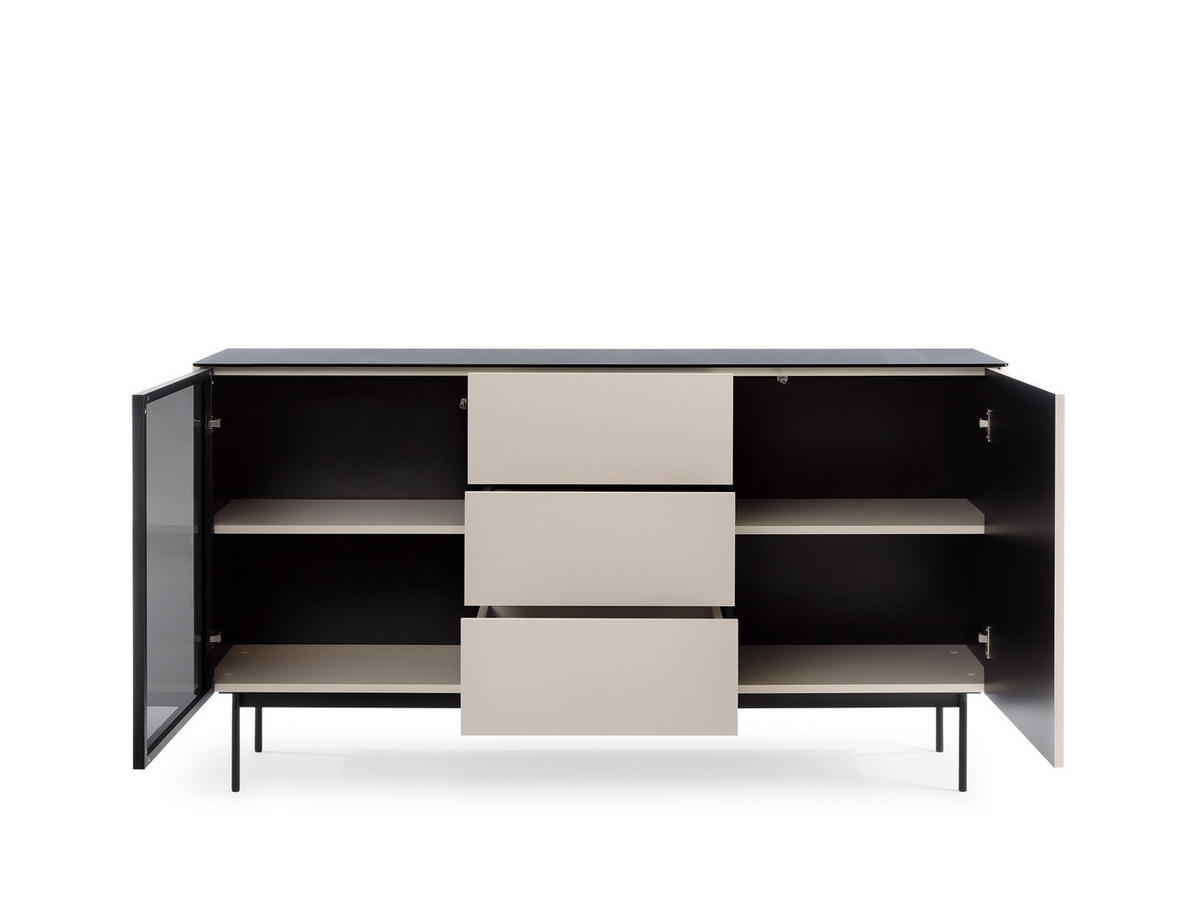 KOMMODE Rita Kaschmir, zweitürige, verglaste Kombikommode mit LED beleuchtung - Kaschmir/Schwarz, Holzwerkstoff (157/84/39cm) - Bettso
