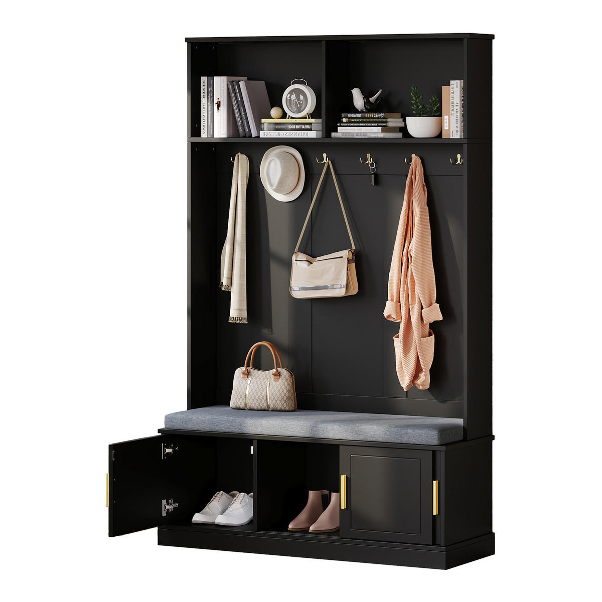 GARDEROBENSTÄNDER mit Bank 6 Haken Schwarz 120x40x191cm - Schwarz, Holzwerkstoff (40/191/120cm) - FLIEKS