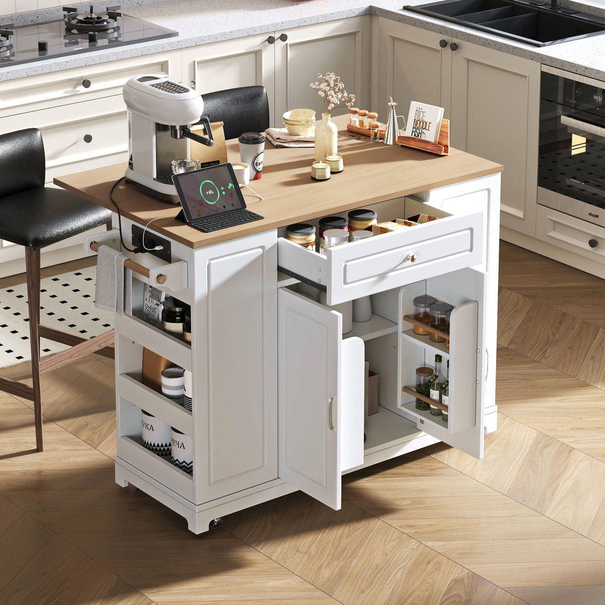 KÜCHENINSEL in Naturfarbe und Weiß Servierwagen mit Schubladen für Esszimmer und Küche, B131.8/T40/H93.3 cm - Weiß, Holzwerkstoff/Metall (131.8/93.3/40cm) - STILVORA
