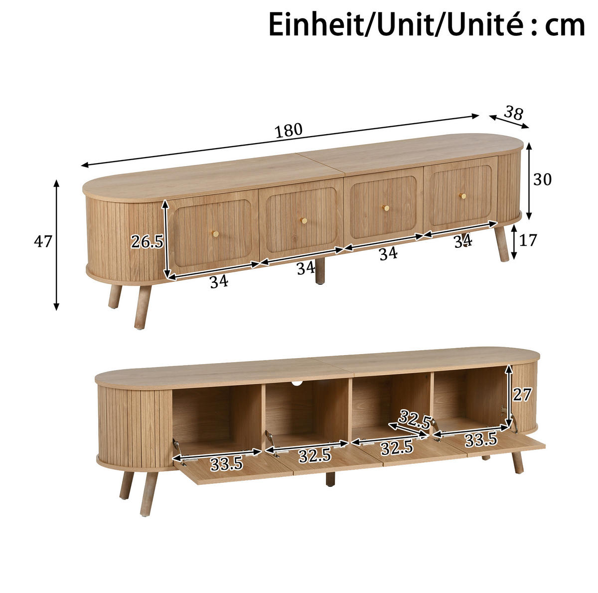 LOWBOARD 180/38/47 cm aus MDF und Holzwerkstoff mit Klapptüren Eichenfarben - Braun, Holzwerkstoff (180/47/38cm) - Modenvie