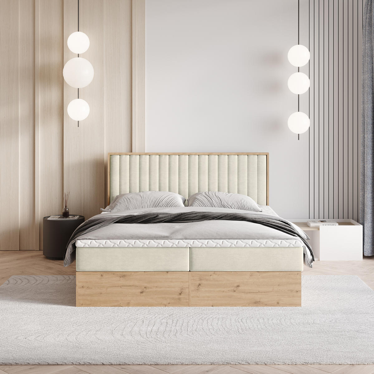 BOXBETT VARELI 180x200 cm mit Matratze und Topper - Creme - Creme, Holz (180/200cm) - MASSENO