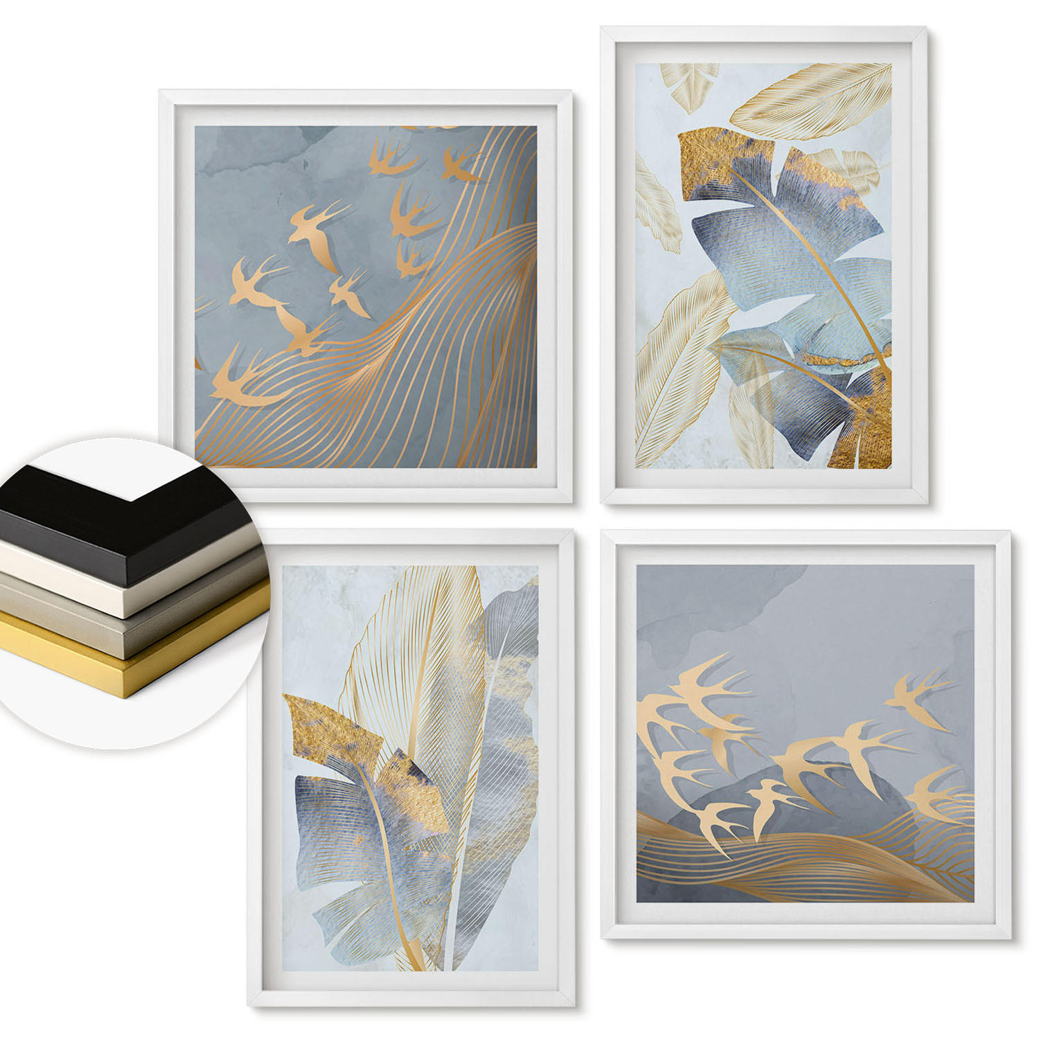 WANDBILDER 4er-Set - 50x50 cm & 40x60 cm Weißer Rahmen - Blaubeige Blätter im Hintergrund - Weiß, Kunststoff (50/50cm) - ArtPrintCave