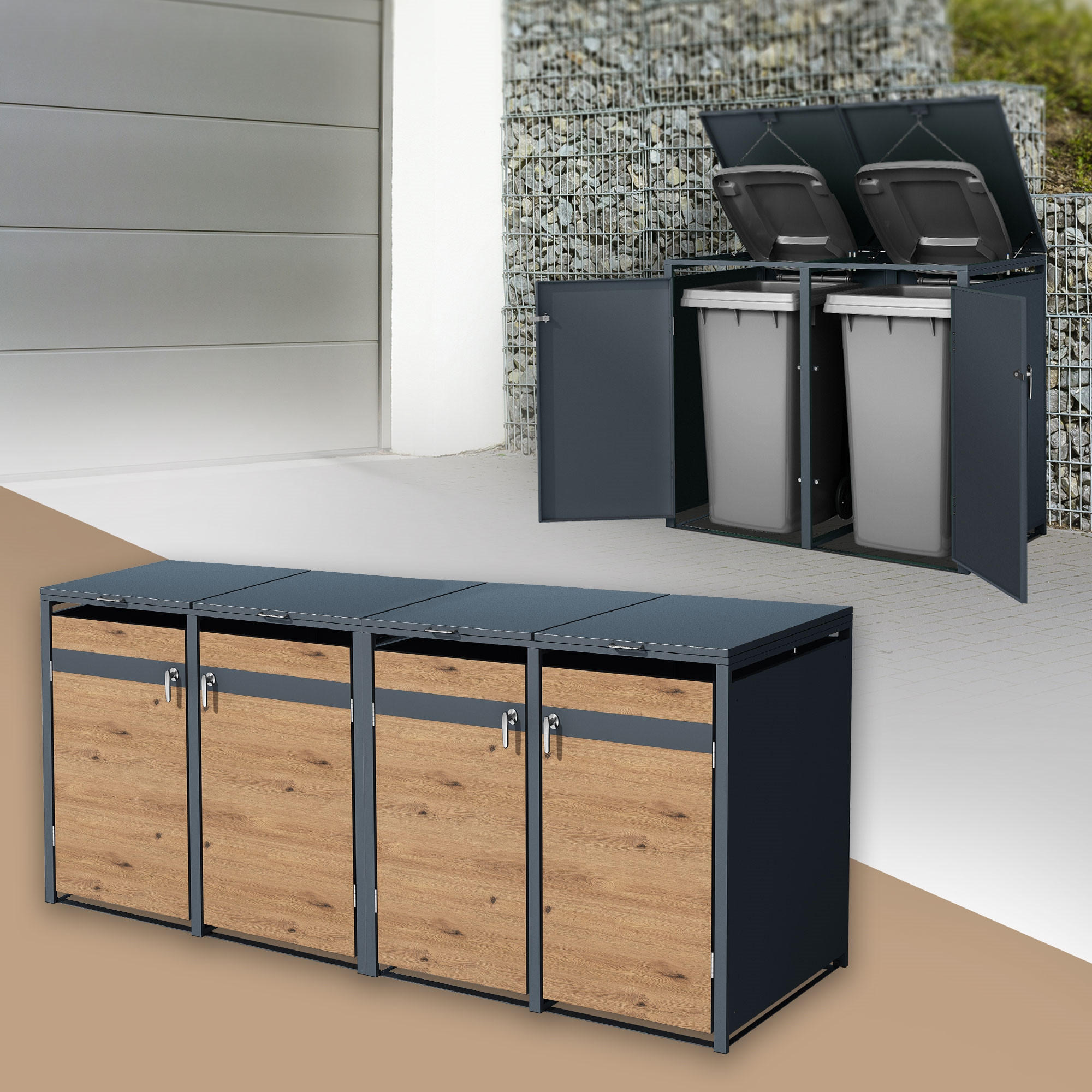 MÜLLTONNENBOX 4er Anthrazit-Eichenoptik - Braun, Metall (80/116.3/264cm) - ML-DESIGN