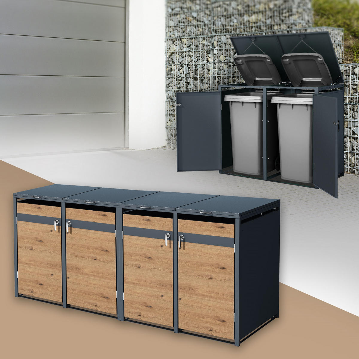 MÜLLTONNENBOX 4er Anthrazit-Eichenoptik - Braun, Metall (80/116.3/264cm) - ML-DESIGN