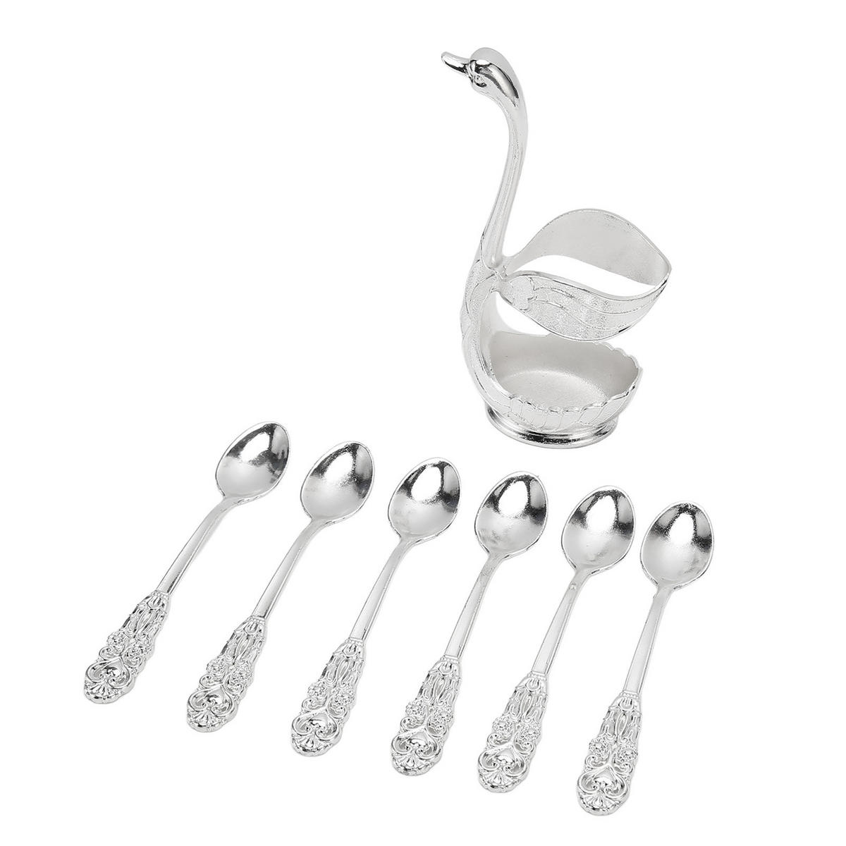 BESTECK-SET 7-teiliges Schwanenhalter-Löffel-Set–6 Dessertlöffel - Silberfarben, Metall