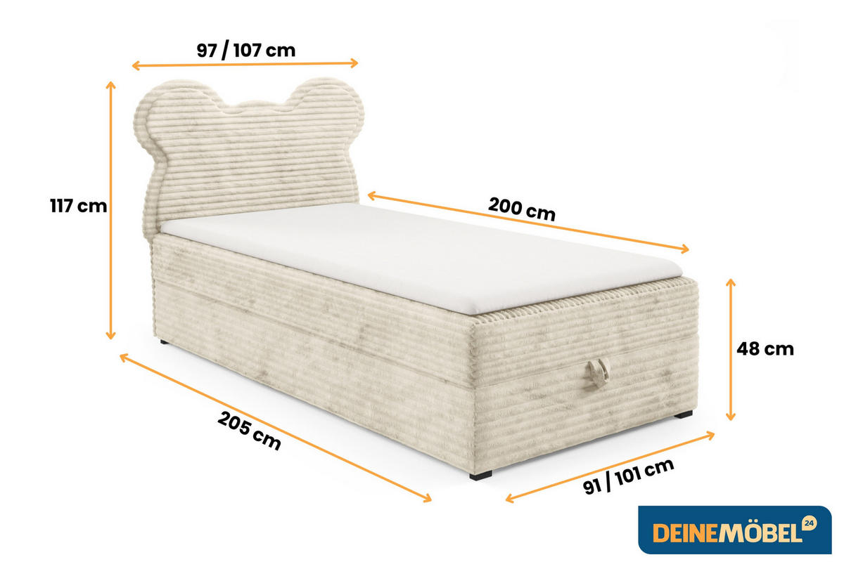 BOXBETT TEDDY 100/200 Cord-Samt Ecru H3 - Ecru, Holz/Holzwerkstoff (100/200cm) - Deine Möbel 24
