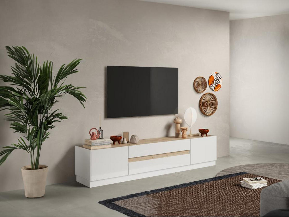 TV-MÖBEL - 2 Türen & 2 Schubladen - Weiß lackiert und Holzfarben - EMORA - Naturfarben, Holz (39.8/43.2/204.7cm) - Vente-Unique