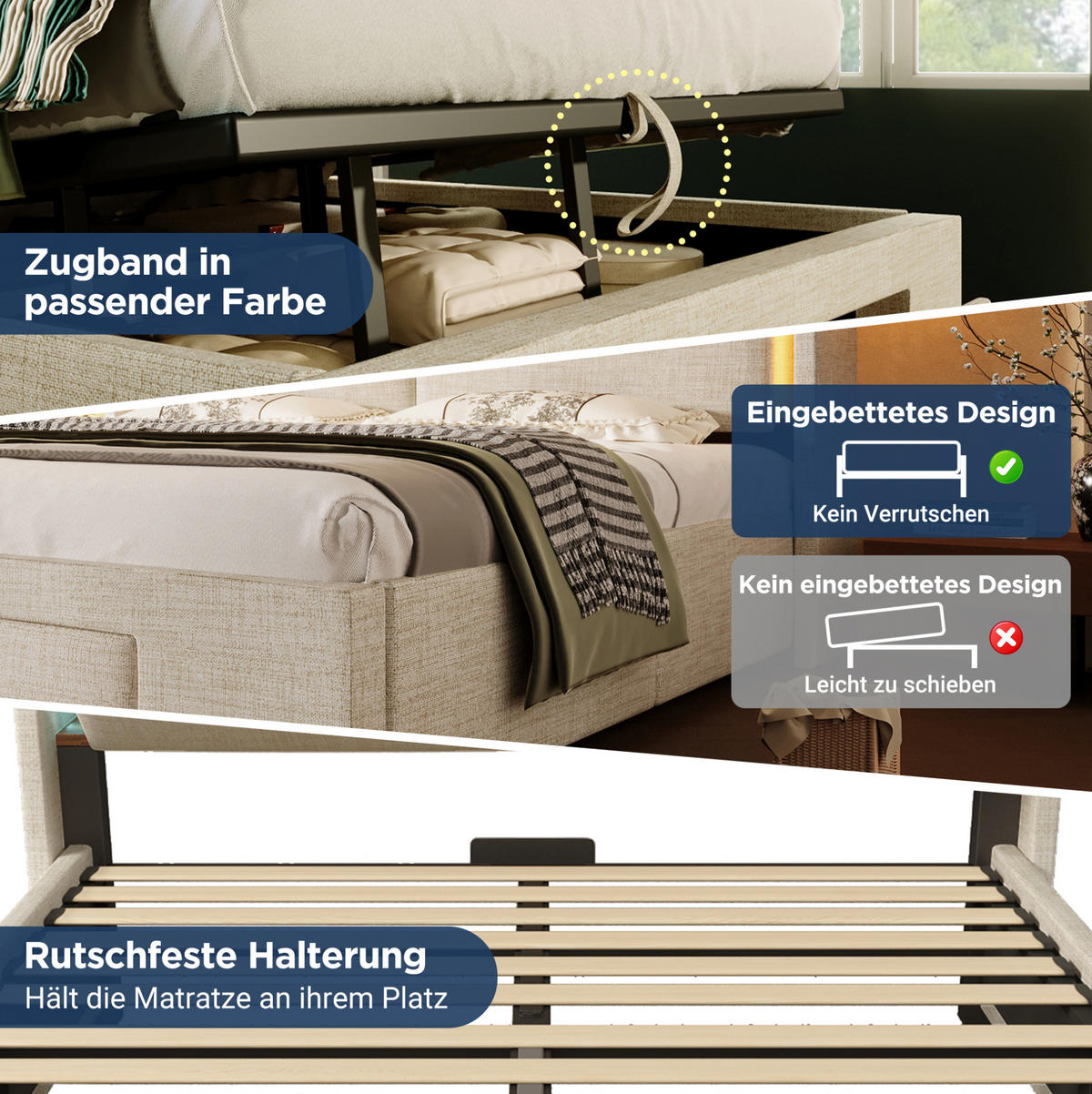 POLSTERBETT 90/200 cm mit LED, USB- und USB-C-Anschluss, hydraulischem Stauraum und Schublade und Matratze, Beige - Beige, Textil (90/200cm) - Redom
