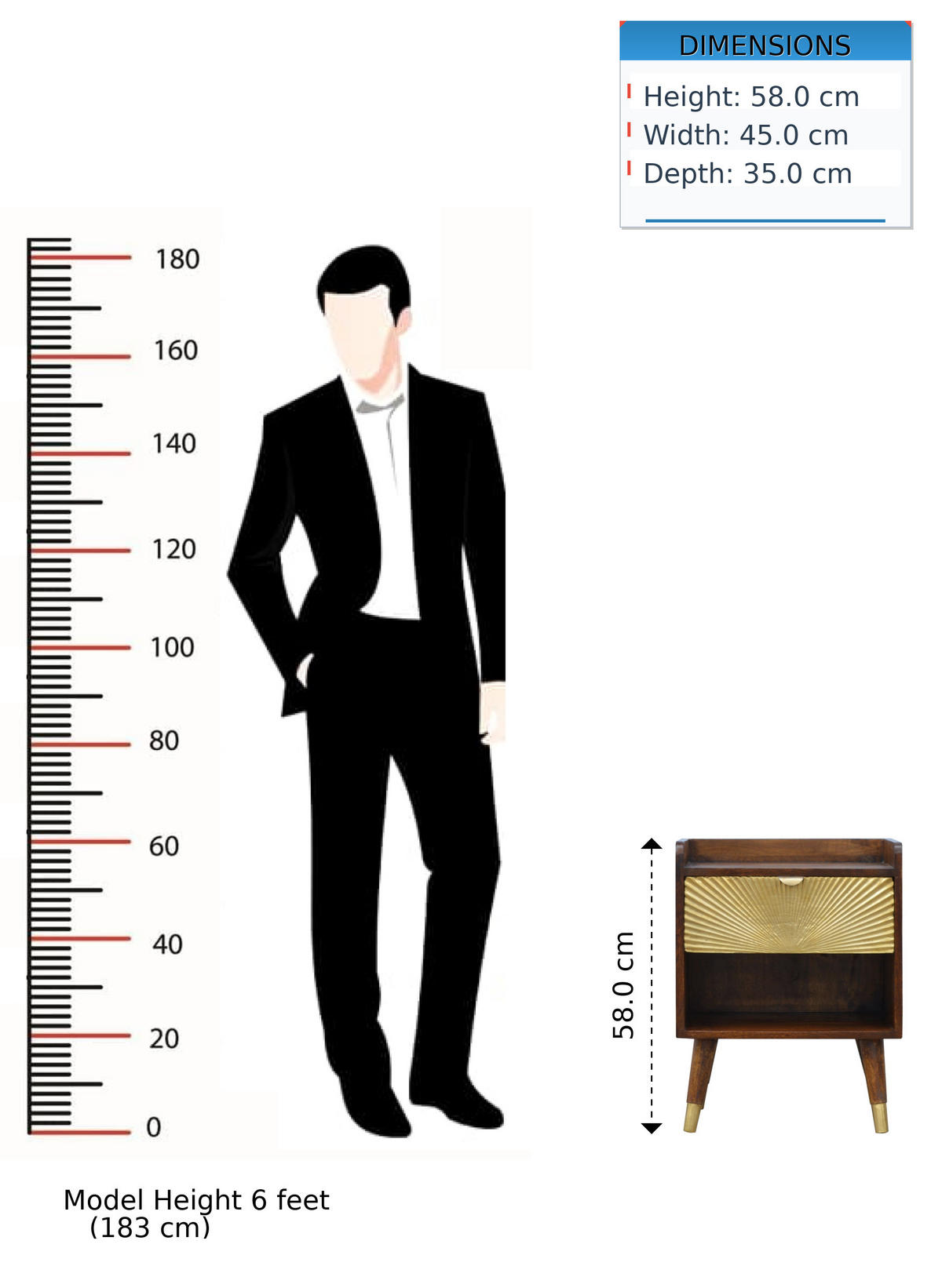 NACHTTISCH aus Massivholz, 1 Schublade, 1 Offenes Fach, Nordische Beine, Braun und Goldfarben - Messingfarben/Braun, Holz/Metall (45/58/35cm) - Artisan Furniture