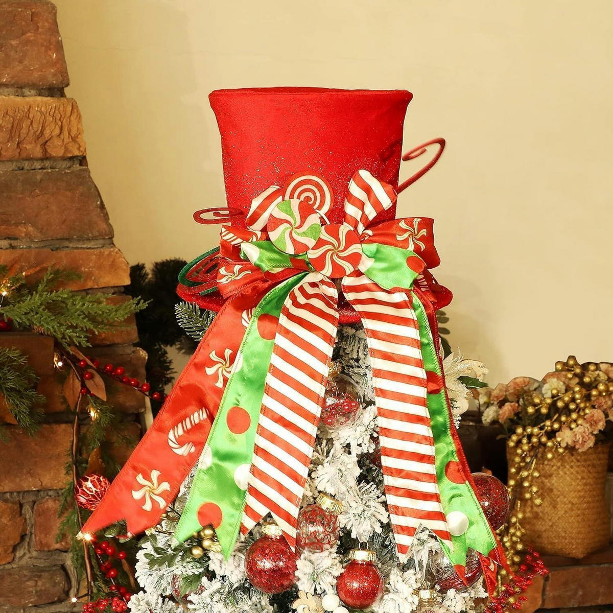 WEIHNACHTSBAUMSPITZE 30 cm Rot mit Schleifenband und Lutscher - Multicolor, Textil (15cm)