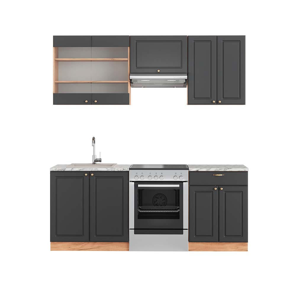 KÜCHENZEILE Fame-Line Anthrazit Landhaus/Goldkraft Eiche 200 cm AP Marmor - Dunkelgrau/Eiche Wotan, Holzwerkstoff (200/81.6/60cm) - Vicco