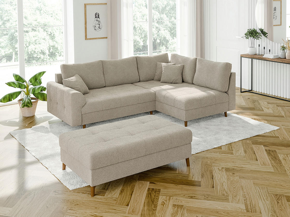 ECKSOFA inkl. Hocker Henrik Beige Boucle - Ottomane rechts - Beige/Braun, Holz/Textil (231/161cm) - S-Style Möbel