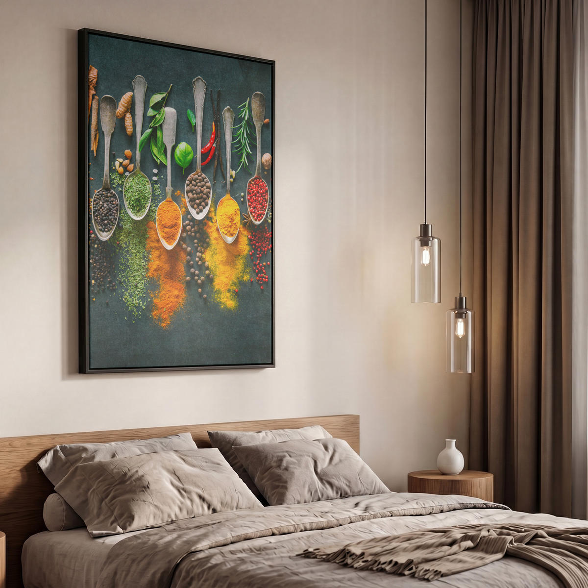 LEINWAND Bilder mit Rahmen - Kräuter - Gewürze - Löffel - 60x90 - Currygelb, Textil (60/90cm) - MuchoWow