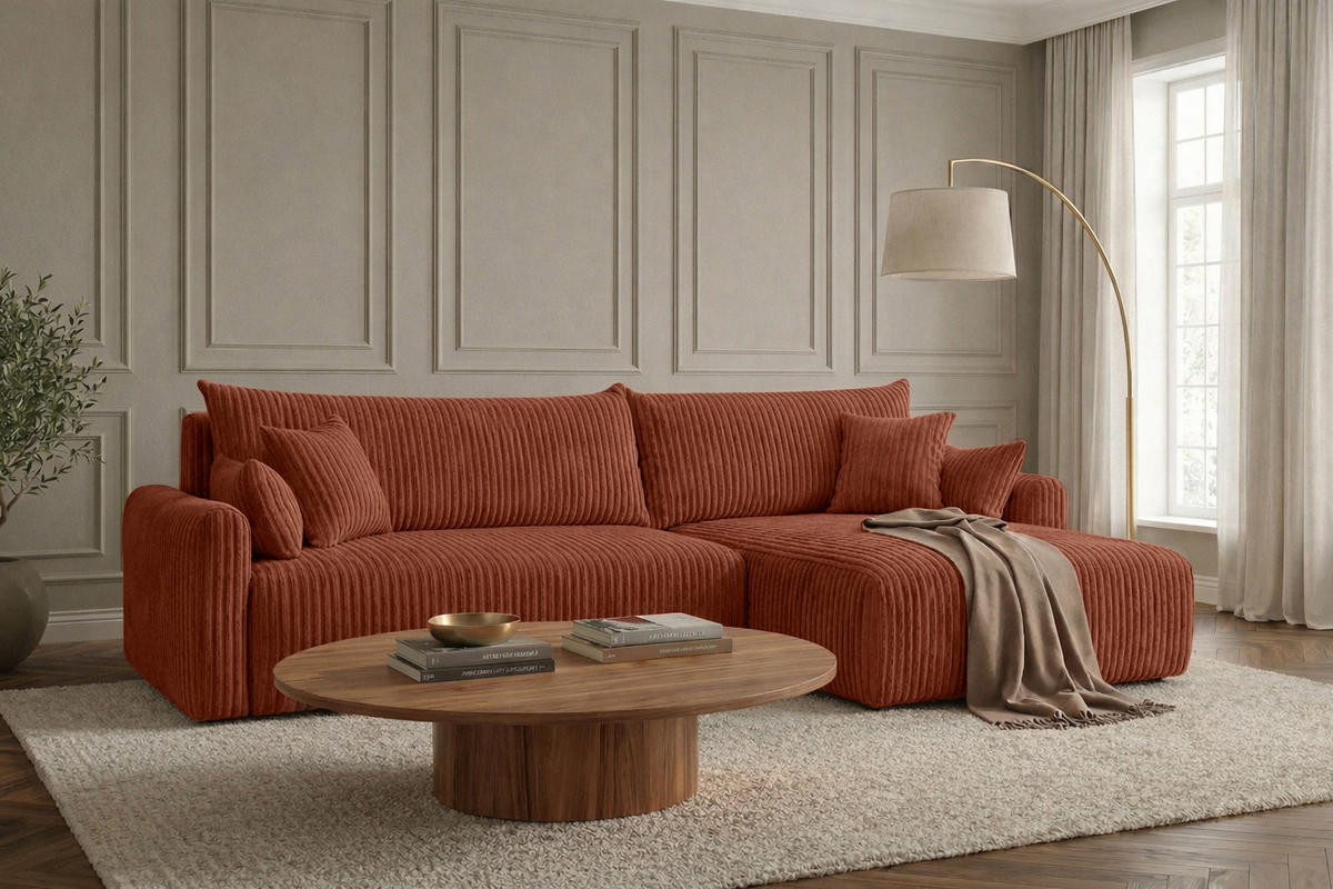 ECKSOFA Mit Schlaffunktion, Cordstoff Tilia, Kupfer, Rechts, JAPANDI - Orange, Holz (262/145cm) - Kaiser Möbel