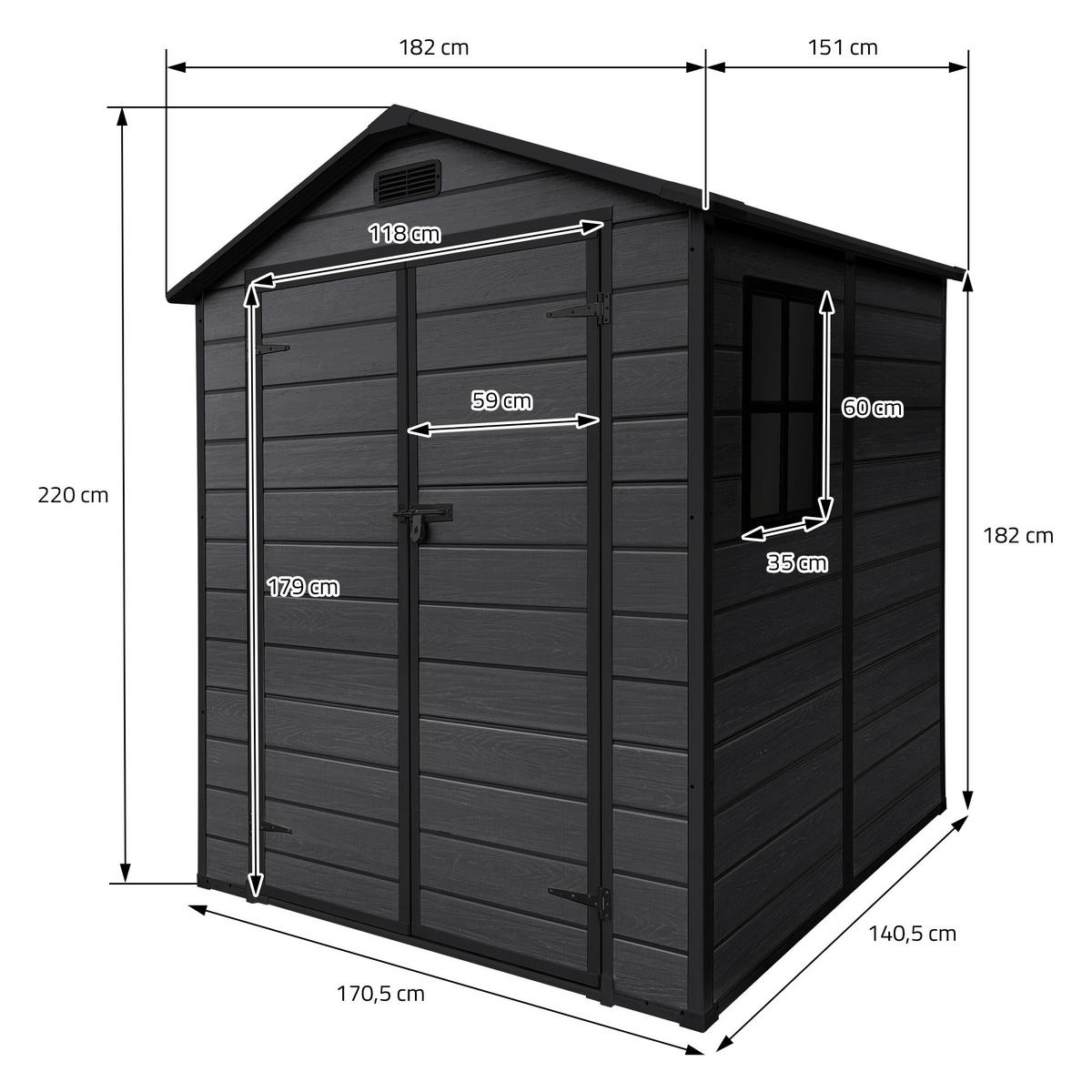 ZÁHRADNÍ DOMEK z plastu s podlahou 5 m³ 151 x 182 x 220 cm tmavě šedý - tmavě šedá, plast (182/220/151cm) - ECD-Germany