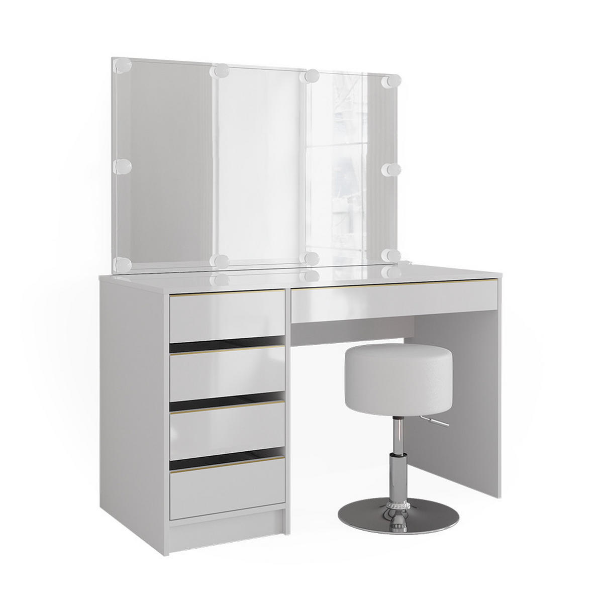 SCHMINKTISCH Sherry Weiß/Gold 120 cm mit LED Beleuchtung und Hocker - Goldfarben/Weiß, Holzwerkstoff (120/75/55cm) - Vicco