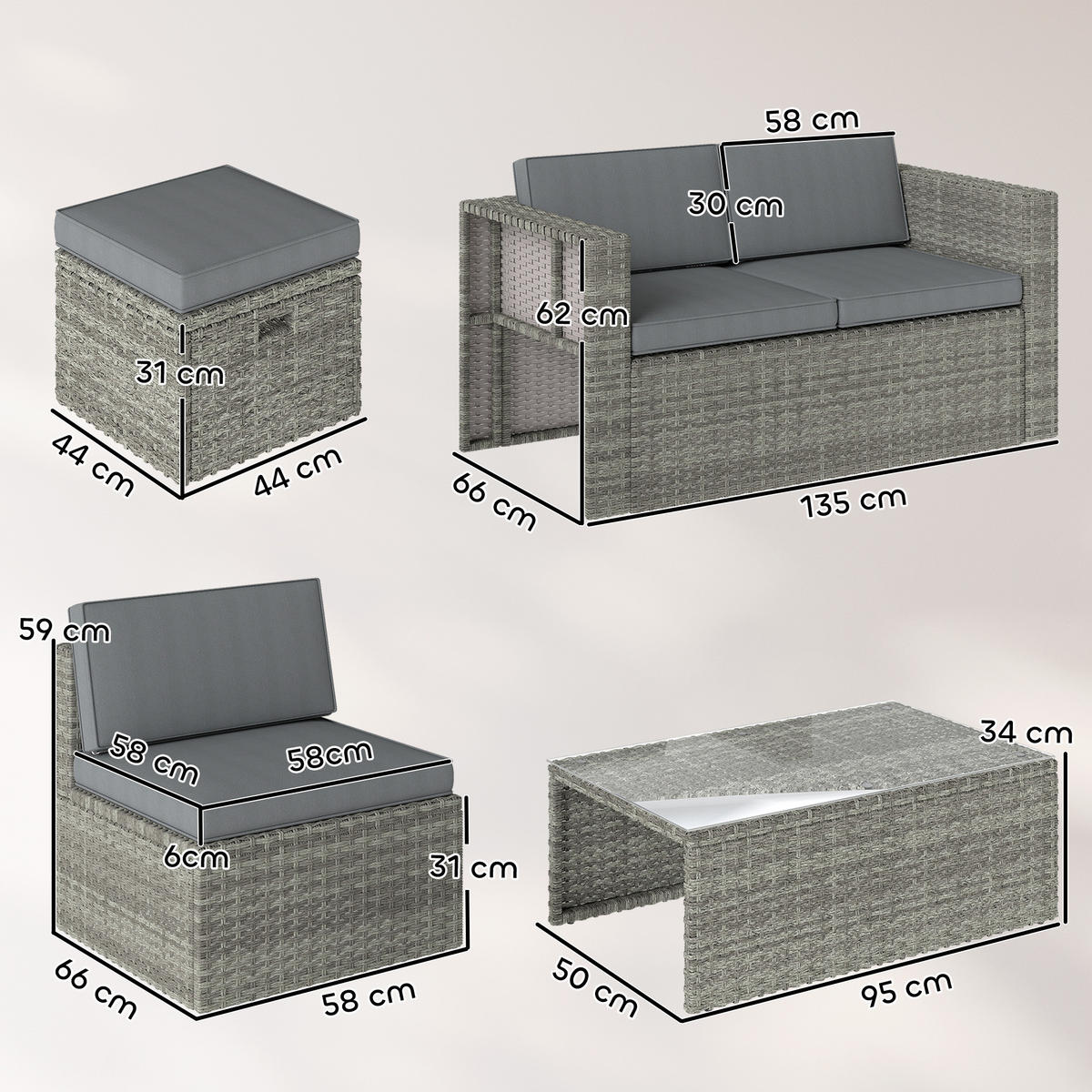 GARTENLOUNGE-SET 6tlg DE-13718 nestbar mit Glastisch Grau - Dunkelgrau, Metall - ComfortXL
