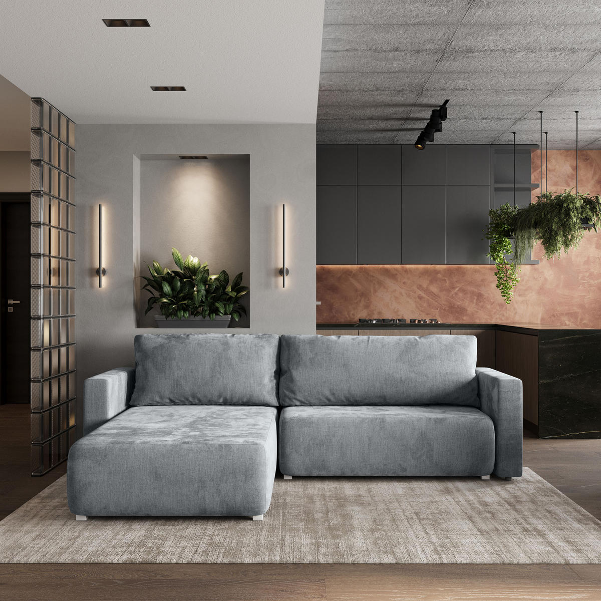 ROHOVÁ SEDAČKA TURIN světle šedá - šedá/světle šedá, dřevo/textil (265/183cm) - MASSENO