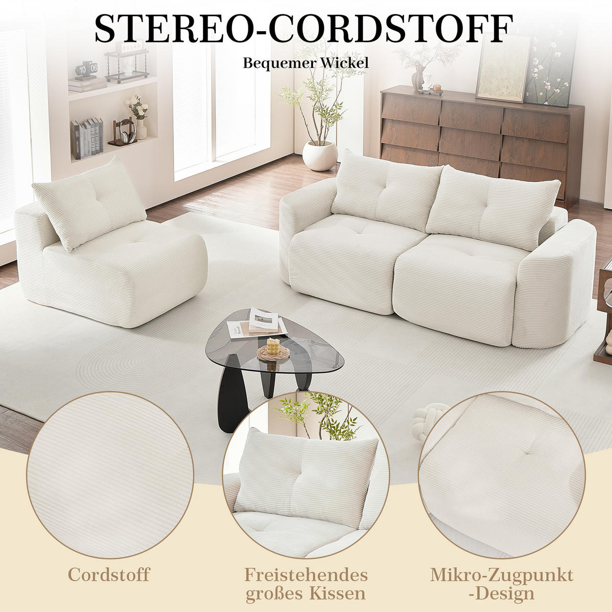 3-SITZER-SOFA 2+1 Wabi-Sabi Cord, DE-42909, Creme - Beige, Textil (279/94/100cm) - ComfortXL
